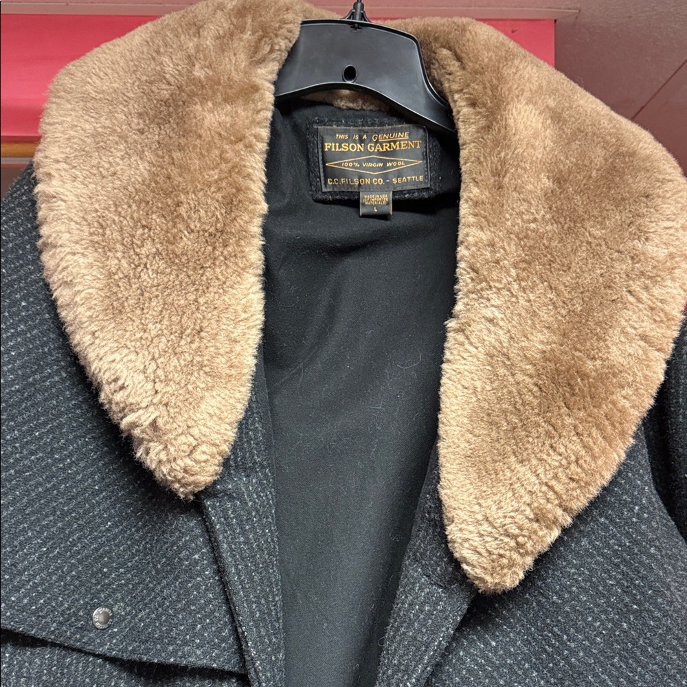 Filson Black Lined Wool Mackinaw Packer Coat with Shearling Collar—Made in USA